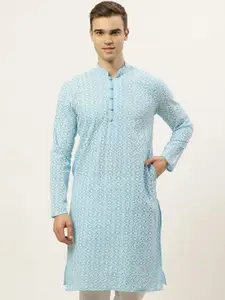 Jompers Men Turquoise Blue & White Floral Embroidered Pure Cotton Kurta