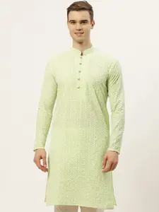 Jompers Men Green & White Ethnic Motifs Embroidered Thread Work Kurta