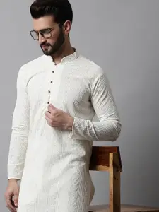 Jompers Men Cream-Coloured Ethnic Motifs Embroidered Cotton Kurta