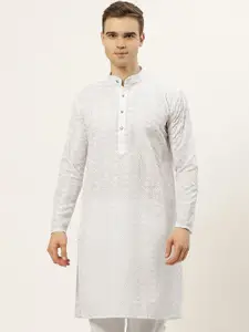 Jompers Men White Floral Embroidered Straight Kurta