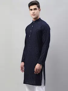 Jompers Men Navy Blue Pure Cotton Embroidered Straight Kurta