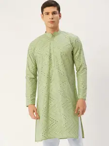 Jompers Men Green Ethnic Motifs Embroidered Thread Work Kurta