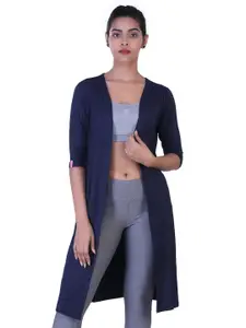 LAASA  SPORTS Navy Blue Solid Longline Open Front Shrug
