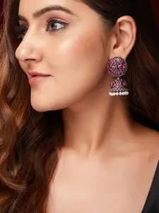 Rubans Oxdised Silver-Toned & Pink Ruby Studded & Beaded Dome Shaped Jhumkas Earrings