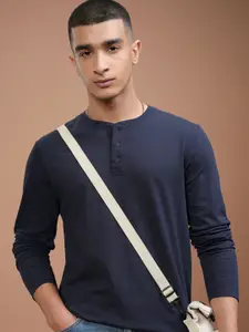 HIGHLANDER Men Navy Blue Henley  Pure Cotton T-shirt