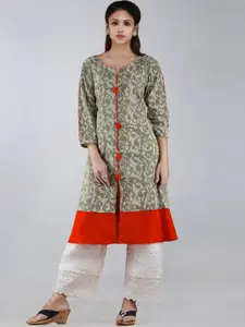 Unnati Silks Women Grey & Orange Pure Jaipuri Cotton Handloom Kurta
