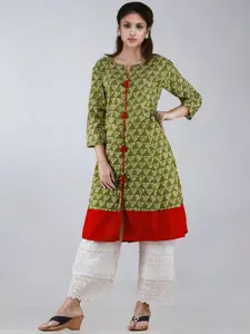 Unnati Silks Women Green & White Geometric Printed Thread Work Cotton Kurta