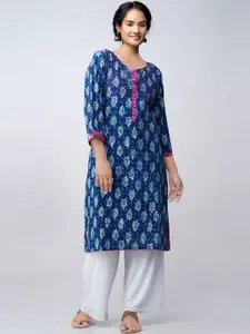 Unnati Silks Women Blue & White Floral Printed Pure Cotton Handloom Kurta