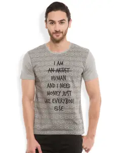 LOCOMOTIVE Men Grey Melange Printed Round Neck T-Shirt