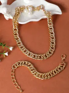 AQUASTREET Set Of 2 Gold-Plated Cuban Link Chain Necklace with Bracelet