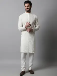 Jompers Men Cream-Coloured & White Embroidered Pure Cotton Kurta with Churidar