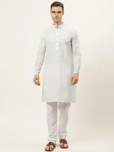 Jompers Men White Floral Embroidered Thread Work Pure Cotton Kurta with Pyjamas