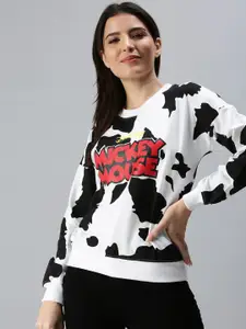 JUNEBERRY Women White & Black Mickey Mouse Printed Fleece Sweatshirt