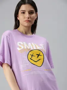 VEIRDO Women Purple Printed Oversize Cotton T-shirt