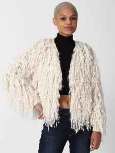 FOREVER 21 Women Cream-Coloured Quirky Sweater with Fringed Detail