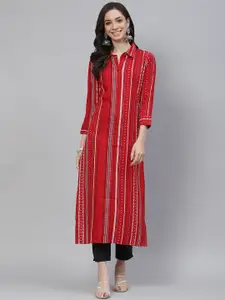 mokshi Women Red Multi Or Variegated Shirt Collar Cuffed Sleeves Viscose Rayon Kurta