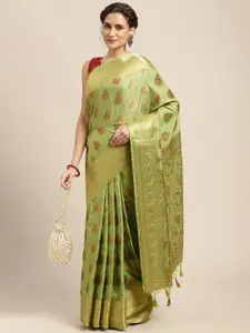 MIMOSA Green & Brown Ethnic Motifs Woven Design Zari Art Silk Kanjeevaram Saree