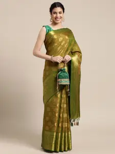 MIMOSA Green & Gold-Toned Floral Woven Design Zari Art Silk Kanjeevaram Saree