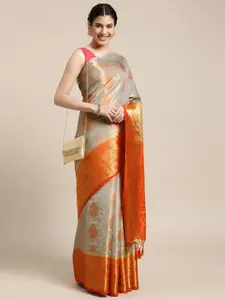 MIMOSA Grey & Orange Ethnic Motifs Woven Design Zari Art Silk Kanjeevaram Saree