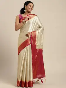 MIMOSA Off White & Red Ethnic Motifs Zari Art Silk Kanjeevaram Saree