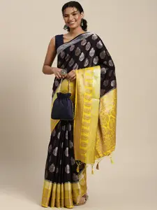 MIMOSA Black & Yellow Ethnic Motifs Zari Art Silk Kanjeevaram Saree