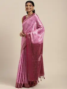 MIMOSA Pink & Gold-Toned Floral Woven Design Zari Art Silk Kanjeevaram Saree