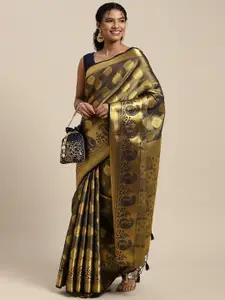 MIMOSA Navy Blue & Golden Ethnic Motifs Zari Art Silk Kanjeevaram Saree
