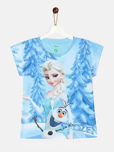 YK Disney Girls Blue & Beige Frozen Printed T-shirt