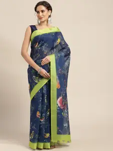 Mitera Blue & Green Floral Print Pure Linen Celebrity Saree