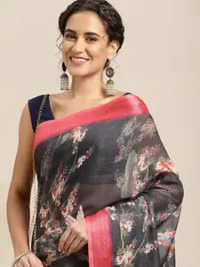 Mitera Black & Cream-Coloured Floral Print Pure Linen Celebrity Saree