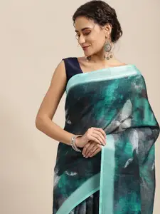 Mitera Blue Abstract Print Pure Linen Celebrity Saree