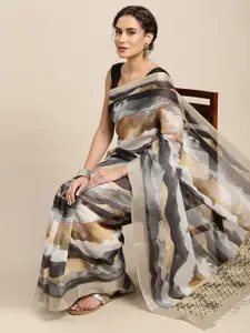 Mitera Black & Beige Abstract Print Pure Linen Celebrity Saree
