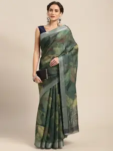 Mitera Green Abstract Print Pure Linen Celebrity Saree