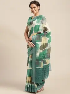 Mitera Teal & Black Abstract Print Pure Linen Celebrity Saree