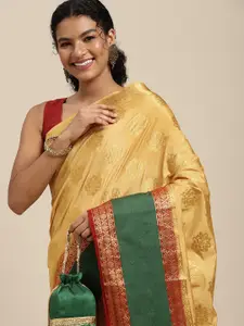 MIMOSA Beige & Green Ethnic Motifs Zari Art Silk Kanjeevaram Saree