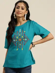 Sangria Teal Blue & Maroon Embroidered Cotton Top