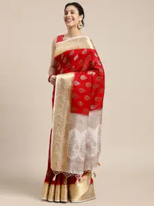 MIMOSA Coral & White Ethnic Motifs oven Design Zari Art Silk Kanjeevaram Saree