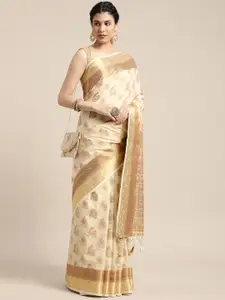 MIMOSA Beige & Gold-Toned Ethnic Motifs Woven Design Zari Art Silk Kanjeevaram Saree
