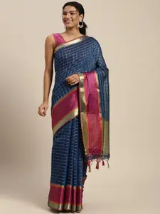 MIMOSA Navy Blue & Pink Checked Zari Art Silk Banarasi Saree