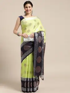 MIMOSA Lime Green & Black Ethnic Motifs Zari Art Silk Kanjeevaram Saree