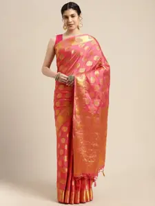 MIMOSA Pink & Golden Ethnic Motifs Printed Mysore Silk Poly Crepe Saree