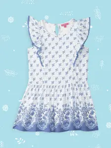 Biba White & Blue Floral Printed Fit & Flared Dress
