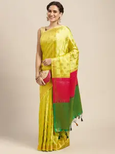 MIMOSA Lime Green & Pink Ethnic Motifs Woven Design Zari Art Silk Kanjeevaram Saree
