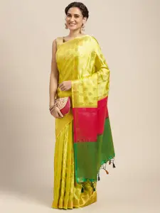 MIMOSA Lime Green & Pink Ethnic Motifs Woven Design Zari Art Silk Kanjeevaram Saree