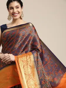 MIMOSA Navy Blue & Orange Ethnic Motifs Saree