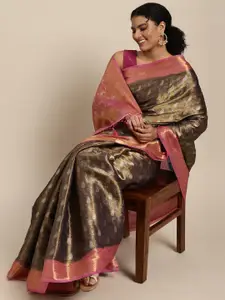 MIMOSA Olive Brown & Pink Ethnic Motifs Zari Art Silk Kanjeevaram Saree