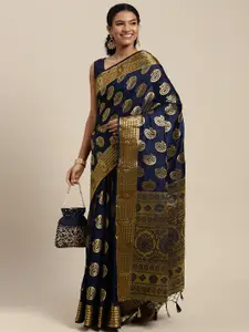 MIMOSA Navy Blue & Golden Ethnic Motifs Zari Art Silk Kanjeevaram Saree