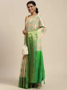 MIMOSA Cream-Coloured & Green Ethnic Motifs Zari Art Silk Kanjeevaram Saree