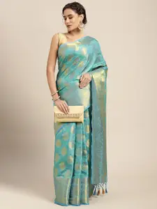 MIMOSA Turquoise Blue & Gold-Toned Floral Woven Design Zari Art Silk Kanjeevaram Saree
