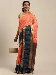 MIMOSA Peach-Coloured & Black Ethnic Motifs Zari Art Silk Kanjeevaram Saree